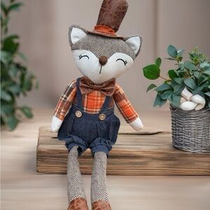 Fox Plush Toy in Plaid and Denim Weighted Shelf Sitter Plush